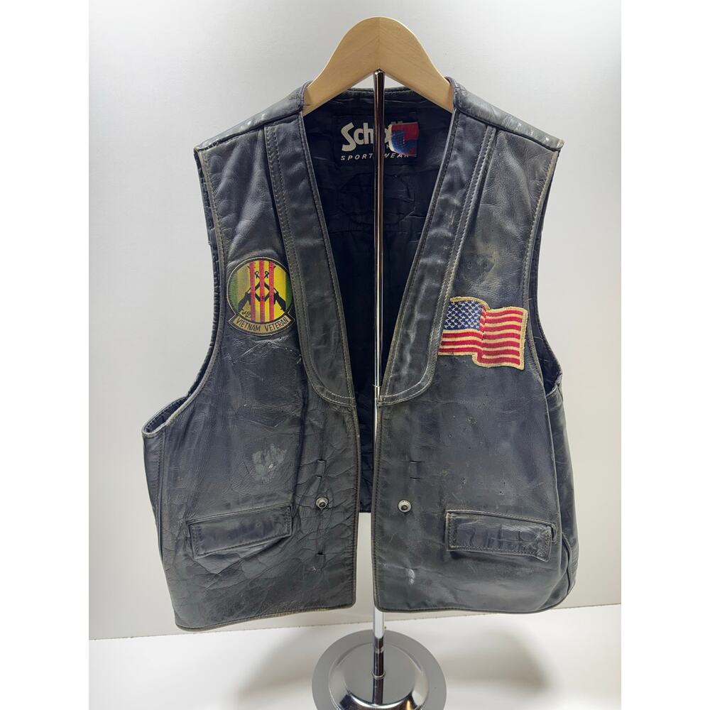Vintage Schott N. Y. C. Sportswear Made In USA Leather Biker Vest Vietnam Sz XL